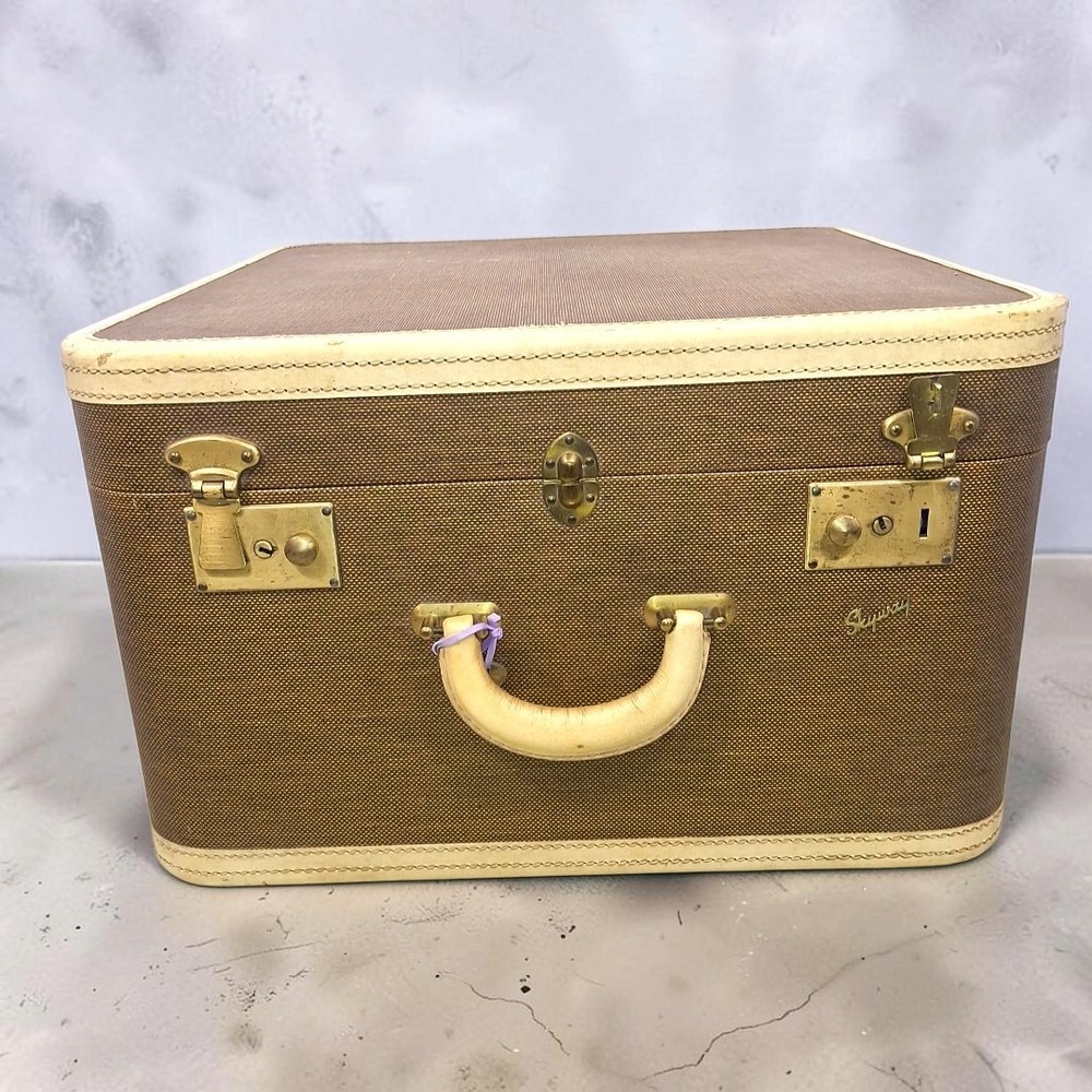 VTG Skyway Brown Tweed Train Case 1960s Cosmetic Vanity Luggage Suitcase w/ Key